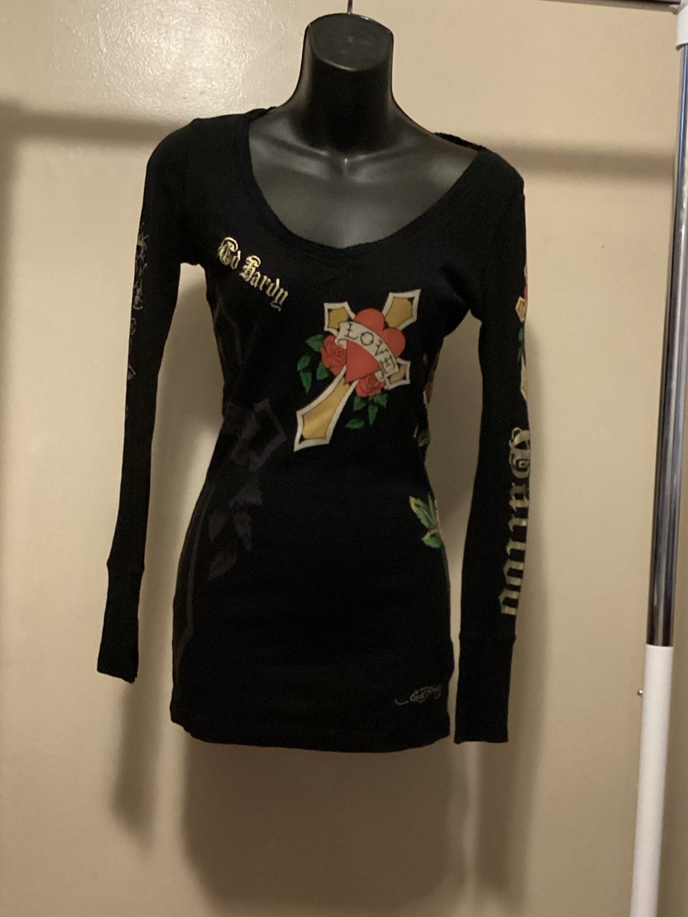 Ed Hardy Black Ribbed Knit Top with Logo Tag